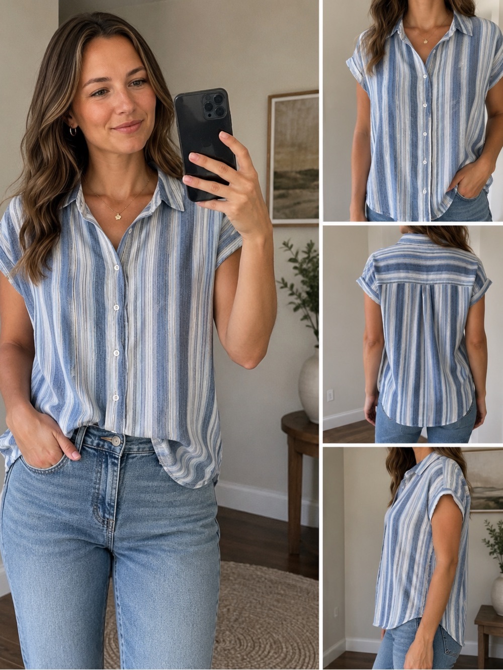 Sonoma Blue Striped Button Front Short Sleeve Blouse Size‎ L
